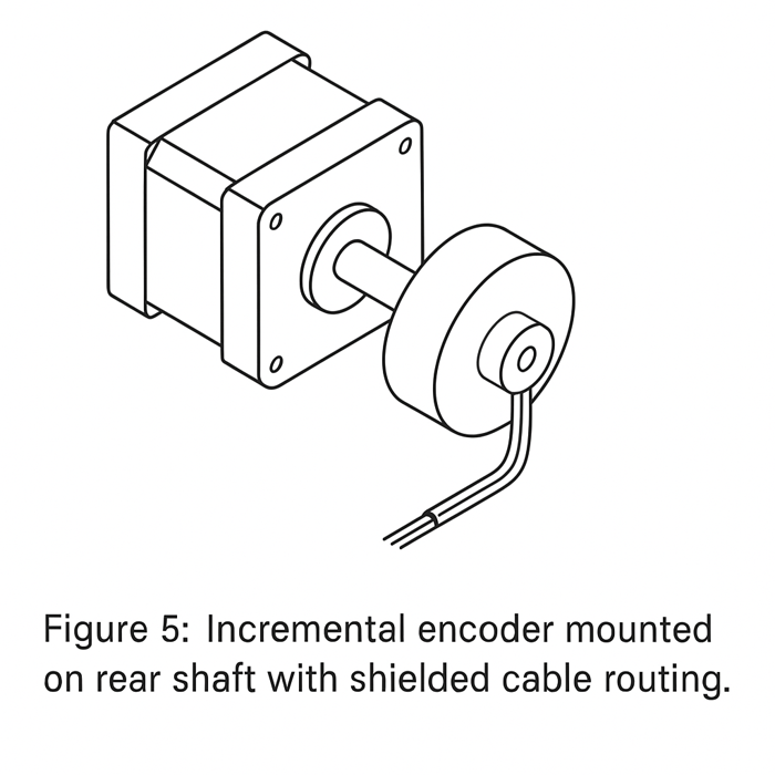 Incremental encoder mounted on rear shaft with shielded cable routing
