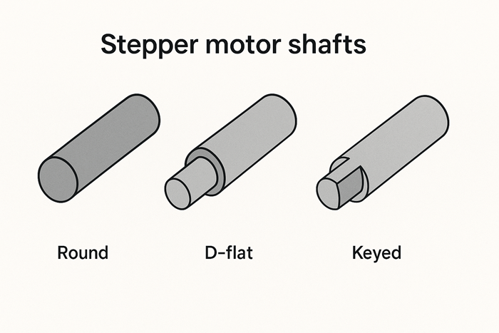 Stepper motor shafts: round, D-flat, and keyed